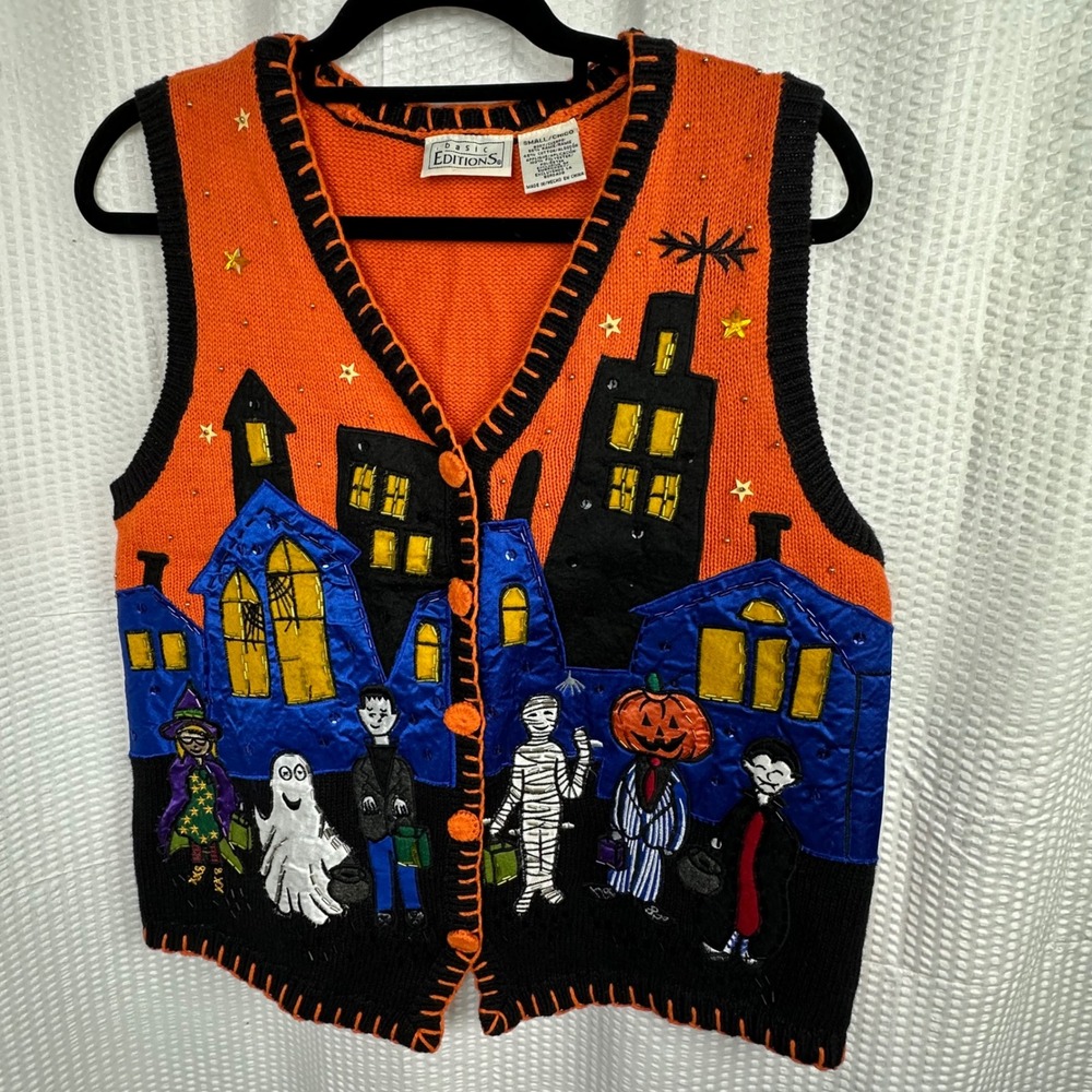 90s Basic Editions Halloween Sweater Vest S Trick or Treat Applique Beaded VTG